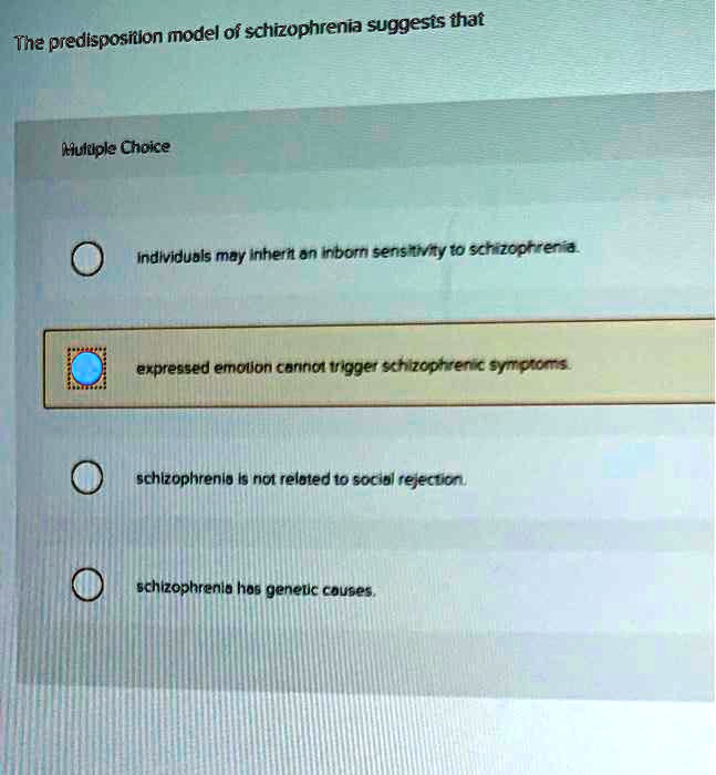 The predisposition model of schizophrenia suggests that individuals may inherit an inborn sensitivity to schizophrenia.
expressed emotion cannot trigger schizophrenic symptoms.
schizophrenia is not related to social rejection.
schizophrenia has genetic causes.