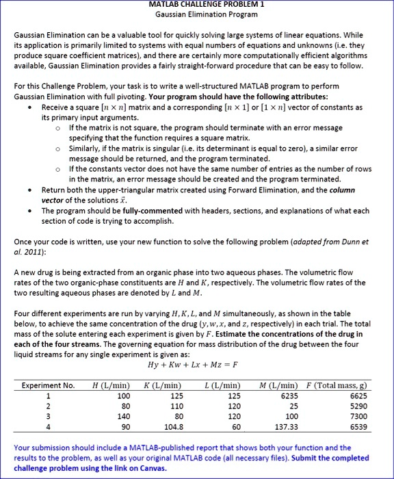 SOLVED: MATLAB CHALLENGE PROBLEM 1: Gaussian Elimination Program ...