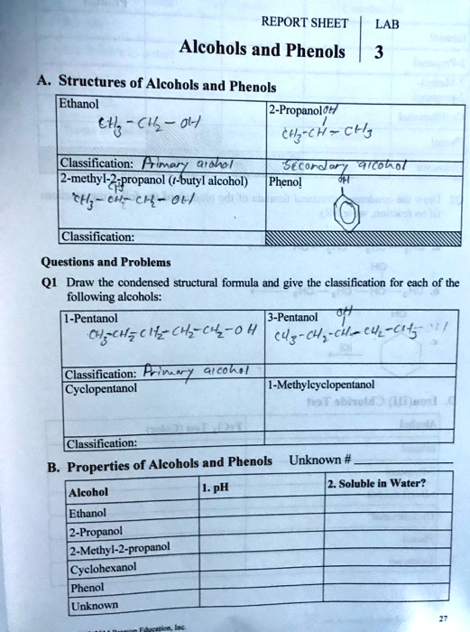 SOLVED: REPORT SHEET Alcohols And Phenols LAB Structures Of Alcohols ...