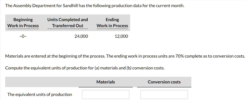 Manufacturing Math Unit 70 The Assembly Department for Sandhill has the following production data ...