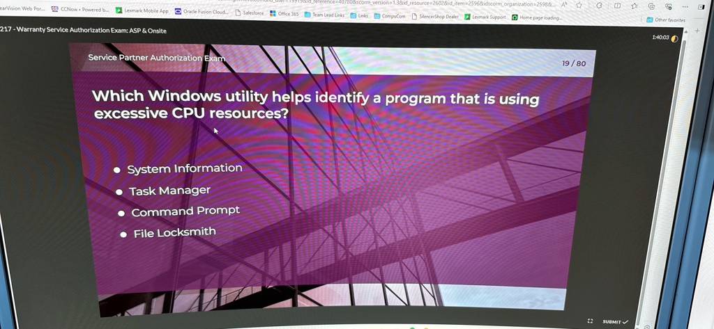 Which Windows utility helps identify a program that is using
excessive CPU resources?
• System Information
• Task Manager
• Command Prompt
• File Locksmith