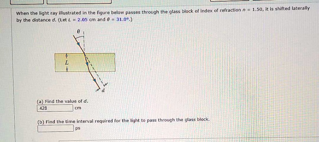 When the light ray illustrated in the figure below passes through the glass block of index of refraction n = 1.50, it is shifted laterally by the distance d. (Let L = 2.05 cm and ? = 31.0°.)
(a) Find the value of d.
.428 cm
(b) Find the time interval required for the light to pass through the glass block.
ps