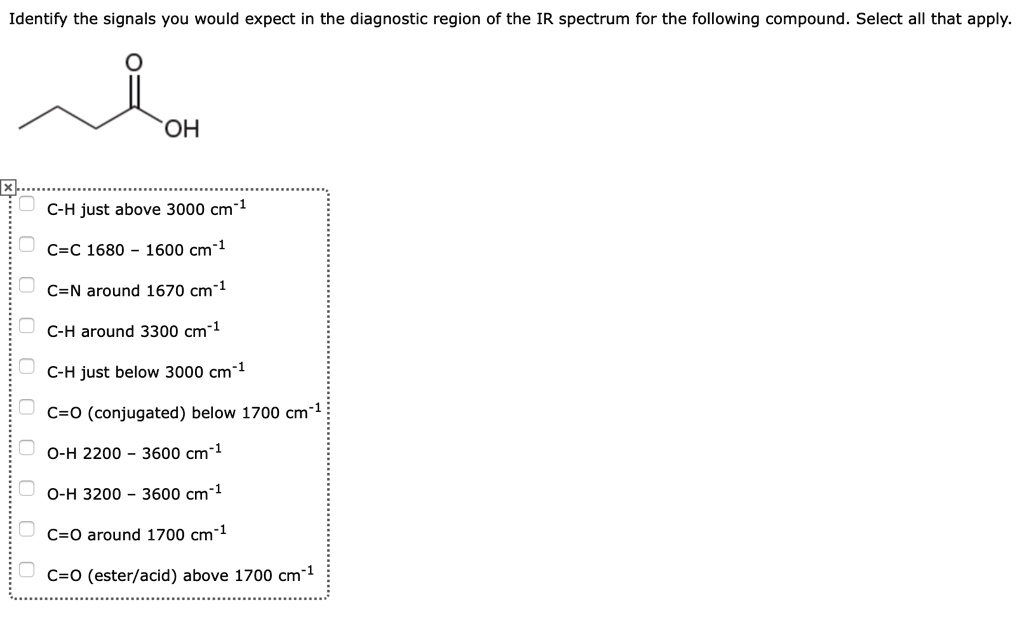 Identify the signals you would expect in the diagnostic region of the IR spectrum for the following compound. Select all that apply.
OH
C-H just above 3000 cm-1
C=C 1680 – 1600 cm-1
C=N around 1670 cm-1
C-H around 3300 cm-1
C-H just below 3000 cm-1
C=O (conjugated) below 1700 cm-1
O-H 2200 – 3600 cm-1
O-H 3200 – 3600 cm-1
C=O around 1700 cm-1
C=O (ester/acid) above 1700 cm-1