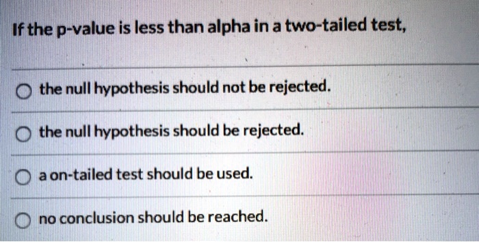 If the p-value is less than alpha in a two-tailed test,
the null hypothesis should not be rejected.
the null hypothesis should be rejected.
a on-tailed test should be used.
no conclusion should be reached.