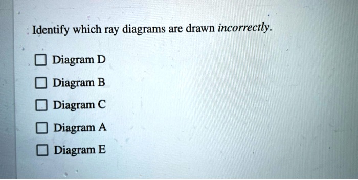 Identify which ray diagrams are drawn incorrectly.

Diagram D
Diagram B
Diagram C
Diagram A
Diagram E