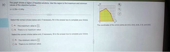 The graph shows a region of feasible solutions. Use this region to find maximum and minimum values of the objective function.
z = 0.30x - 0.60y
Select the correct choice below and, if necessary, fill in the answer box to complete your choice.
A. The maximum value is 
B. There is no maximum value
Select the correct choice below and, if necessary, fill in the answer box to complete your choice
A. The minimum value is 
B. There is no minimum value
The coordinates of the corner points are (0, 0), (6, 6), (4, 8), (7, 5), and (9, 0)