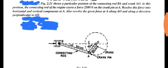 Fig. 2.21 shows a particular position of the connecting rod BA and crank AO. At this position, the connecting rod of the engine exerts a force 2500 N on the crank pin at A. Resolve this force into horizontal and vertical components at A. Also resolve the given force at A along AO and along a direction perpendicular to AO.