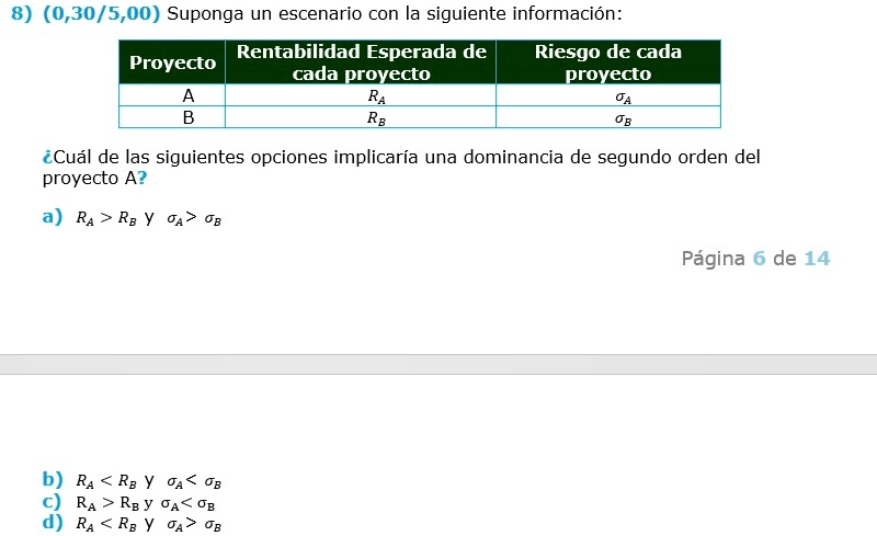 8 030500 suponga un escenario con la siguiente informacion proyecto rentabilidad esperada de cada proyecto riesgo de cada proyecto a ra sigmaa b rb sigmab cual de las siguientes opciones 20685