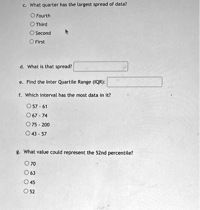 SOLVEDWhat quarter has the largest spread of data? Fourth Third Second