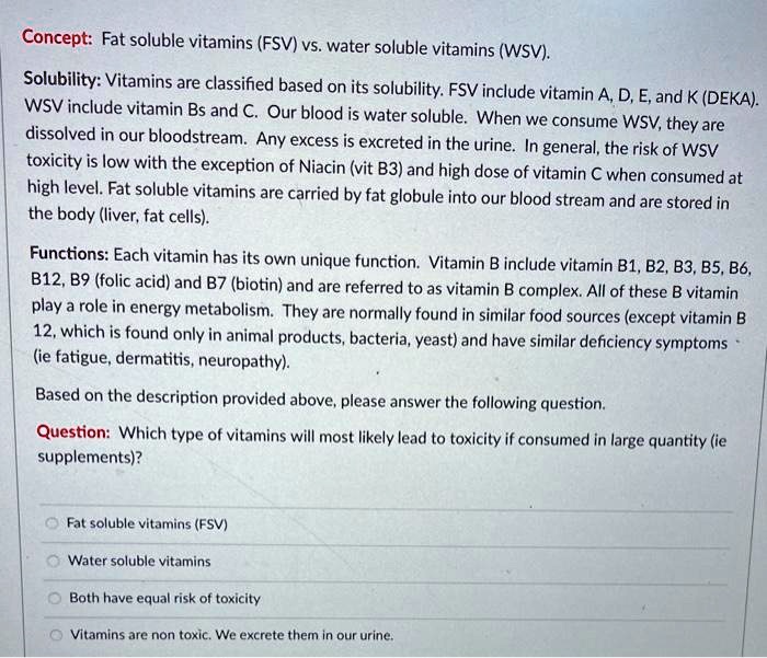 SOLVED Concept Fat soluble vitamins (FSV) vs water soluble vitamins