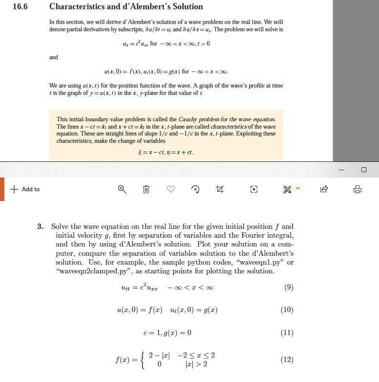plot the solution you can use software like matlab to do this class partial differential equations i 166 characteristics and dalemberts solution in this section we will derive d alemberts so 92115