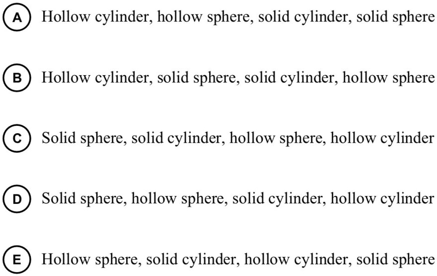 SOLVED A Hollow cylinder, hollow sphere, solid cylinder, solid sphere