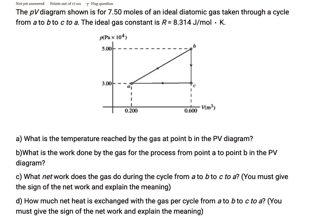 Solved Not Yet Answered Points Out Of 17 00 Flag Question The Pv Diagram Shown Is For 7 50 Moles Of An Ideal Diatomic Gas Taken Through A Cycle From Ato Bto C To A