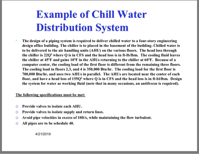 SOLVED Example of Chill Water Distribution System The design of a