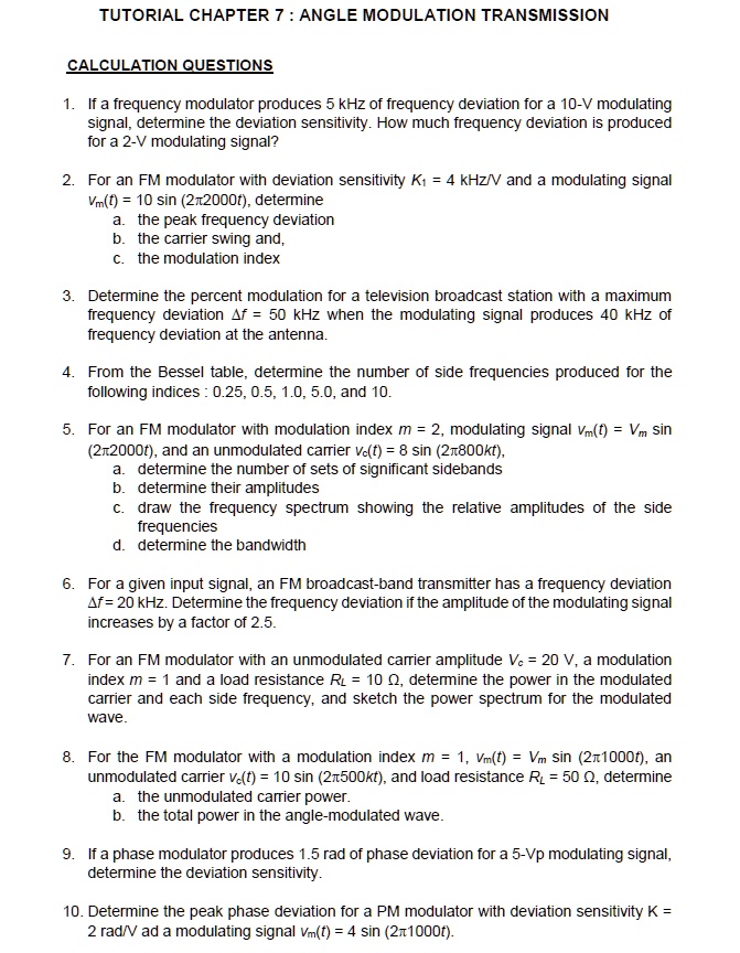 SOLVED TUTORIAL CHAPTER 7 ANGLE MODULATION TRANSMISSION CALCULATION
