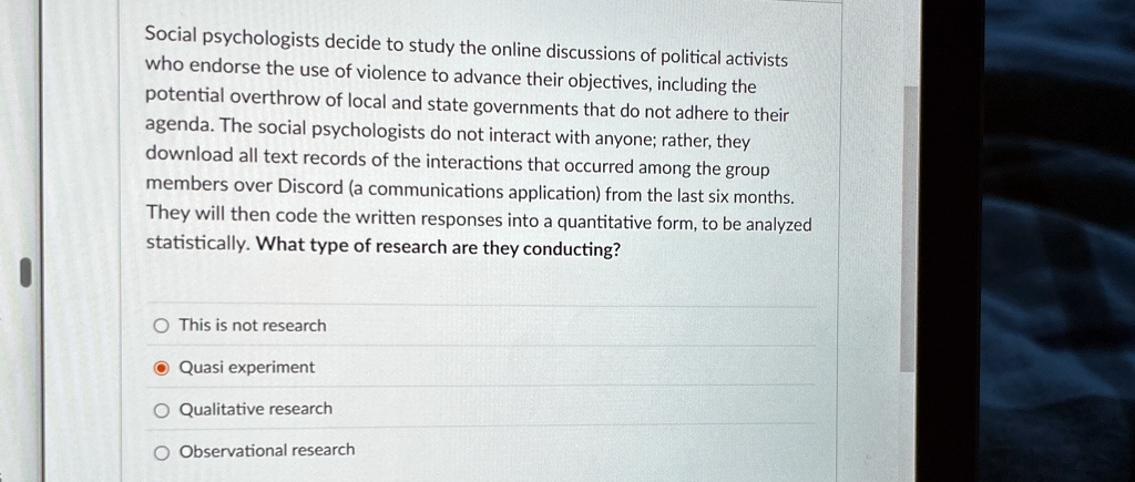 social psychologists decide to study the online discussions of political activists who endorse the use of violence to advance their objectives including the potential overthrow of local and  87008