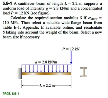5.6-1 A cantilever beam of length L = 2.2 m supports a
uniform load of intensity q = 2.8 kN/m and a concentrated
load P = 12 kN (see figure).
Calculate the required section modulus S if σallow =
110 MPa. Then select a suitable wide-flange beam from
Table E-1, Appendix E available online, and recalculate
S taking into account the weight of the beam. Select a new
beam size if necessary.