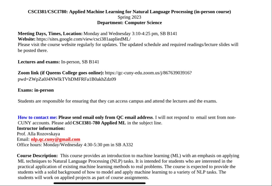 csci381csci780 applied machine learning for natural language processing in person course spring 2023 department computer science meeting days times location monday and wednesday 310 425 pm s 64837