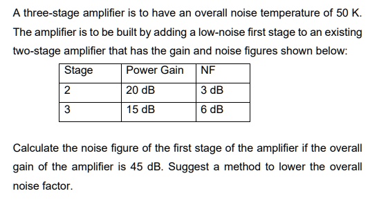 SOLVED: A three-stage amplifier is to have an overall noise temperature ...