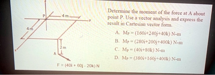 Determine the moment of the force at A about
point P. Use a vector analysis and express the
result in Cartesian vector form.
A. Mp = (160i+240j+40k) N-m
B. Mp = (280i+200j+400k) N-m
C. Mp = (40i+80k) N-m
D. Mp = (380i+160j+400k) N-m
F = (40i + 60j - 20k) N