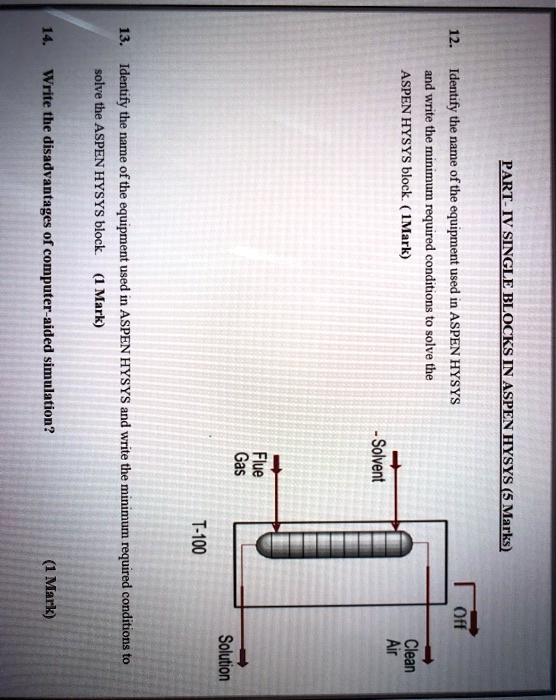 PART-IV SINGLE BLOCKS IN ASPEN HYSYS (5 Marks)
12. Identify the name of the equipment used in ASPEN HYSYS
and write the minimum required conditions to solve the
ASPEN HYSYS block. (1Mark)
Off
Clean
Air
- Solvent
Flue
Gas
Solution
T-100
13. Identify the name of the equipment used in ASPEN HYSYS and write the minimum required conditions to
solve the ASPEN HYSYS block. (1 Mark)
14.
Write the disadvantages of computer-aided simulation?
(1 Mark)