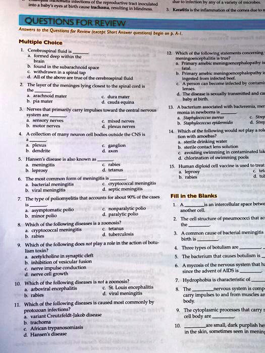 QUESTIONS FOR REVIEW
Answers to the Questions for Review (except Short Answer questions) begin on p. A-1.
Multiple Choice
1. Cerebrospinal fluid is
a. formed deep within the brain
b. found in the subarachnoid space
c. withdrawn in a spinal tap
d. All of the above are true of the cerebrospinal fluid
2. The layer of the meninges lying closest to the spinal cord is the
a. arachnoid mater
b. pia mater
c. dura mater
d. cauda equina
3. Nerves that primarily carry impulses toward the central nervous system are
a. sensory nerves
b. motor nerves
c. mixed nerves
d. plexus nerves
4. A collection of many neuron cell bodies outside the CNS is a
a. plexus
b. dendrite
c. ganglion
d. axon
5. Hansen's disease is also known as
a. meningitis
b. leprosy
c. rabies
d. tetanus
6. The most common form of meningitis is
a. bacterial meningitis
b. viral meningitis
c. cryptococcal meningitis
d. septic meningitis
7. The type of poliomyelitis that accounts for about 90% of the cases is
a. asymptomatic polio
b. minor polio
c. nonparalytic polio
d. paralytic polio
8. Which of the following diseases is a zoonosis?
a. cryptococcal meningitis
b. rabies
c. tetanus
d. tuberculosis
9. Which of the following does not play a role in the action of botulism toxin?
a. acetylcholine in synaptic cleft
b. inhibition of vesicular fusion
c. nerve impulse conduction
d. nerve cell growth
10. Which of the following diseases is not a zoonosis?
a. arboviral encephalitis
b. rabies
c. St. Louis encephalitis
d. viral meningitis
11. Which of the following diseases is caused most commonly by protozoan infections?
a. variant Creutzfeldt-Jakob disease
b. trachoma
c. African trypanosomiasis
d. Hansen's disease
12. Which of the following statements concerning meningoencephalitis is true?
a. Primary amebic meningoencephalopathy is fatal.
b. Primary amebic meningoencephalopathy is ingested from infected beef.
c. A person can become infected by contaminated lenses.
d. The disease is sexually transmitted and can baby at birth.
13. A bacterium associated with bacteremia, pneumonia in newborns is
a. Staphylococcus aureus
b. Staphylococcus epidermidis
c. Strep
d. Strep
14. Which of the following would not play a role tion with amoebas?
a. sterile drinking water
b. sterile contact lens solution
c. avoiding swimming in contaminated lakes
d. chlorination of swimming pools
15. Human diploid cell vaccine is used to treat
a. leprosy
b. rabies
c. tetanus
d. tuberculosis
Fill in the Blanks
1. A  is an intercellular space between another cell.
2. The cell structure of pneumococci that accounts for the .
3. A common cause of bacterial meningitis birth is .
4. Three types of botulism are .
5. The bacterium that causes botulism is .
6. A mycosis of the nervous system that has since the advent of AIDS is .
7. Hydrophobia is characteristic of .
8. The  nervous system is comp- carry impulses to and from muscles and body.
9. The cytoplasmic processes that carry m- cell body are .
10.  are small, dark purplish hem in the skin, sometimes seen in meningitis.