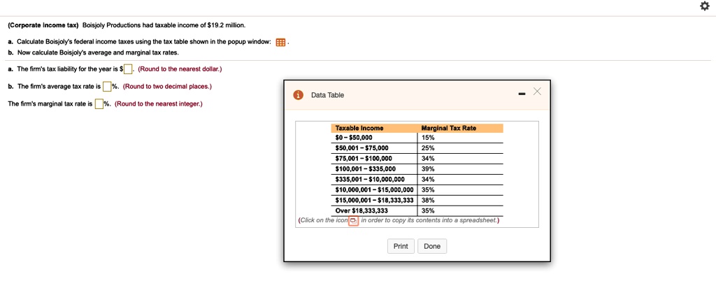 (Corporate income tax) Boisjoly Productions had taxable income of 19.2 million.
a. Calculate Boisjoly's federal income taxes using the tax table shown in the popup window:
b. Now calculate Boisjoly's average and marginal tax rates.
a. The firm's tax liability for the year is . (Round to the nearest dollar.)
b. The firm's average tax rate is %. (Round to two decimal places.)
The firm's marginal tax rate is %. (Round to the nearest integer.)
Data Table
Taxable Income Marginal Tax Rate
0 -50,000 15%
50,001 -75,000 25%
75,001 -100,000 34%
100,001 -335,000 39%
335,001 -10,000,000 34%
10,000,001 -15,000,000 35%
15,000,001 -18,333,333 38%
Over 18,333,333 35%
(Click on the icon in order to copy its contents into a spreadsheet.)