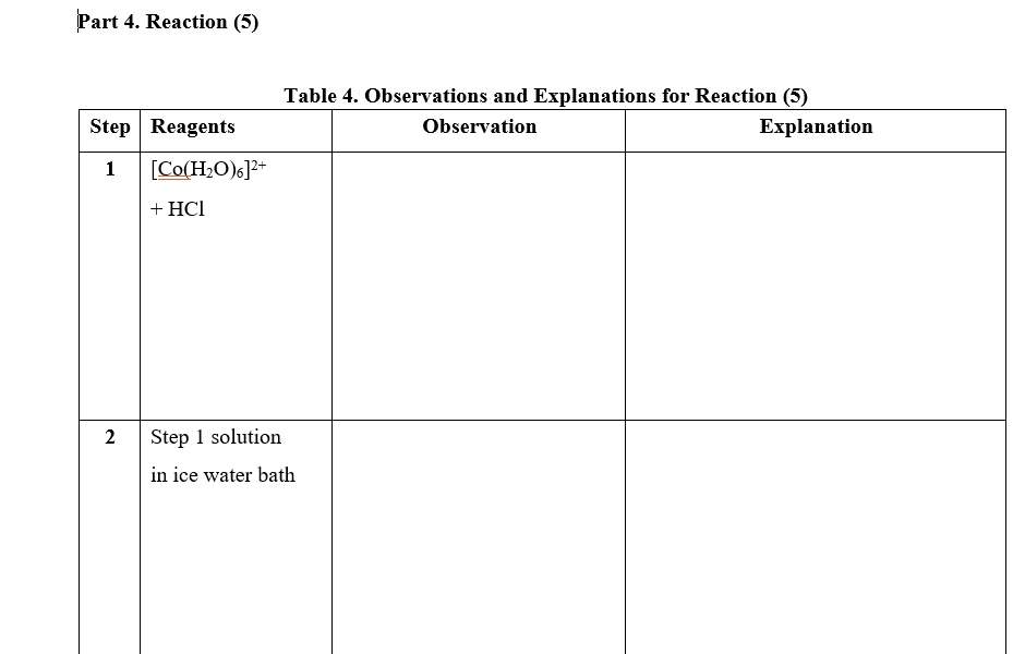 SOLVED Part 4. Reaction (5) Table 4. Observations and Explanations for