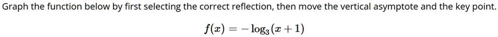 Graph the function below by first selecting the correct reflection, then move the vertical asymptote and the key point.
f(x) = -log3(x+1)