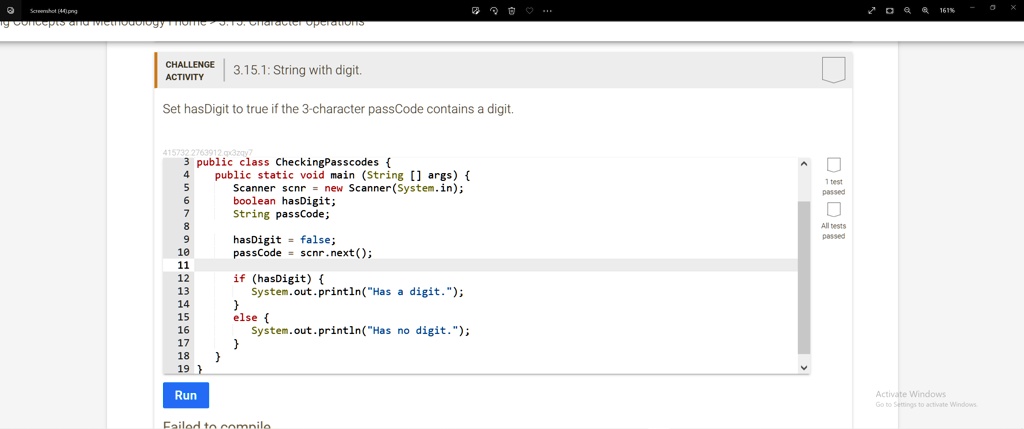 CHALLENGE ACTIVITY 3.15.1: String with digit. Set hasDigit to true if ...