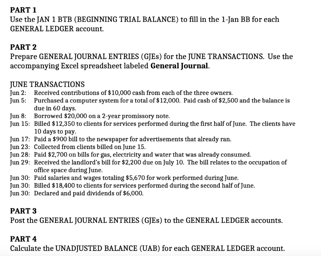 SOLVED PART 1 Use the JAN 1 BTB (BEGINNING TRIAL BALANCE) to fill in