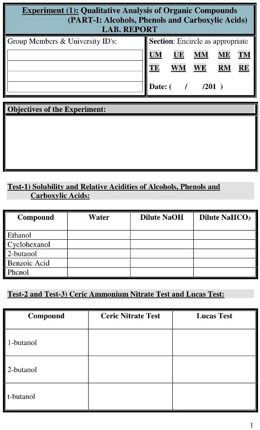 Experiment (LE Qualitative Analysis of Organic Compounds (PARTI Alcohols; Phenols and