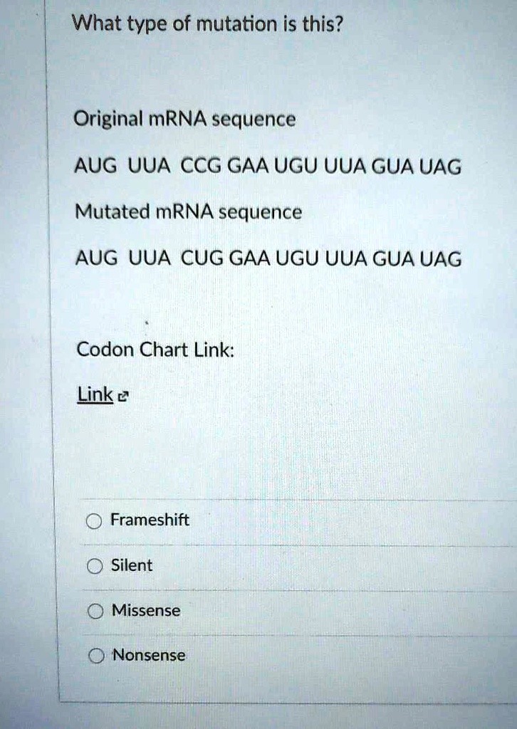 SOLVED What type of mutation is this? Original mRNA sequence AUG UUA
