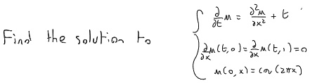 Find the solution to  (∂m)/(∂t) = (∂^2 m)/(∂x^2) + t 
 (∂m)/(∂x)(t, 0) = (∂m)/(∂x)(t, 1) = 0 
 m(0, x) = cos(2πx) 