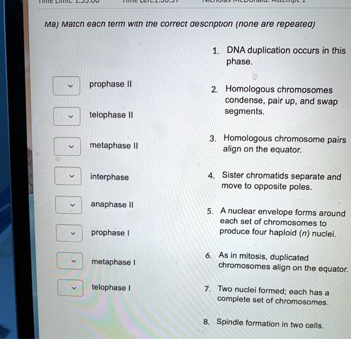 Ma) Match each term with the correct description (none are repeated)

prophase II
1. DNA duplication occurs in this phase.
telophase II
2. Homologous chromosomes condense, pair up, and swap segments.
metaphase II
3. Homologous chromosome pairs align on the equator.
interphase
4. Sister chromatids separate and move to opposite poles.
anaphase II
5. A nuclear envelope forms around each set of chromosomes to produce four haploid (n) nuclei.
prophase I
6. As in mitosis, duplicated chromosomes align on the equator.
metaphase I
7. Two nuclei formed; each has a complete set of chromosomes.
telophase I
8. Spindle formation in two cells.