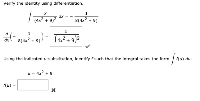 SOLVED: Verify the identity using differentiation J 02+97 8(4x2 Using ...