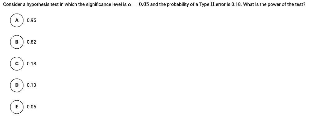 Consider a hypothesis test in which the significance level is ?? = 0.05 and the probability of a Type II error is 0.18. What is the power of the test?
A 0.95
B 0.82
C 0.18
D 0.13
E 0.05
