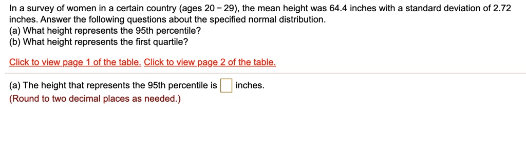 In a survey of women in a certain country (ages 20 – 29), the mean height was 64.4 inches with a standard deviation of 2.72 inches. Answer the following questions about the specified normal distribution.
(a) What height represents the 95th percentile?
(b) What height represents the first quartile?

(a) The height that represents the 95th percentile is inches.
(Round to two decimal places as needed.)