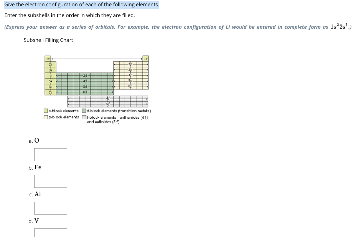 SOLVED: Give the electron configuration of each of the following ...