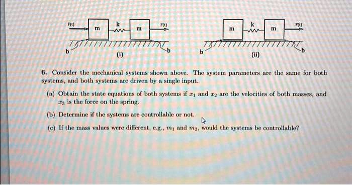 F(t)
k
F(t)
m
m
b
(i)
b
b
m
k
w
F(t)
m
(ii)
b
6. Consider the mechanical systems shown above. The system parameters are the same for both
systems, and both systems are driven by a single input.
(a) Obtain the state equations of both systems if x1 and x2 are the velocities of both masses, and
x3 is the force on the spring.
(b) Determine if the systems are controllable or not.
(c) If the mass values were different, e.g., m1 and m2, would the systems be controllable?