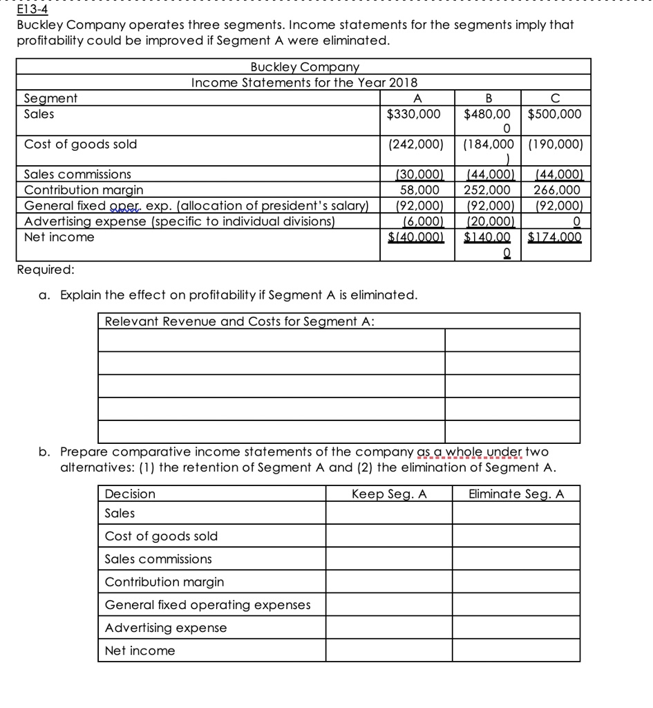 SOLVED Texts E134 Buckley Company operates three segments.