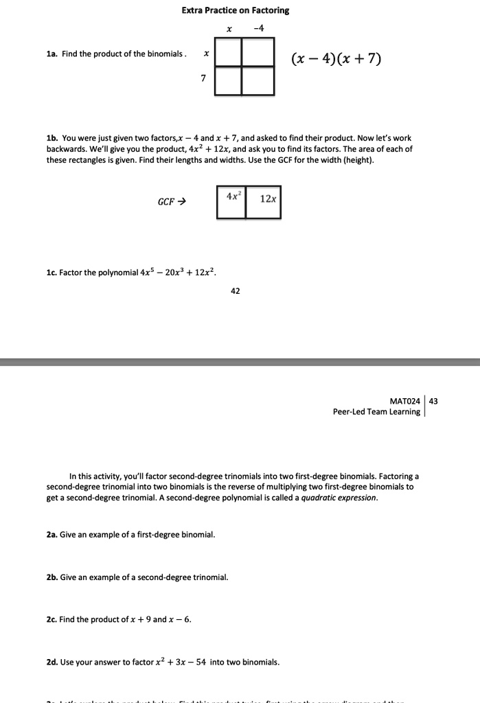 SOLVED Extra Practice on Factoring Find the product of the binomials