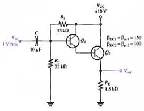 A common-emitter amplifier is shown in the figure. The parameters of the transistors are given as follows:
etaDC1 = etaDC2 = 150
etaac1 = etaac2 = 100
VCC = +10V
Vi = 1Vrms
C = 10mu F
R1 = 33kOmega
R2 = 22kOmega
RE = 1.5kOmega

Determine:
(a) The DC bias point of the circuit.
(b) The small-signal voltage gain Av = fracVoVi.