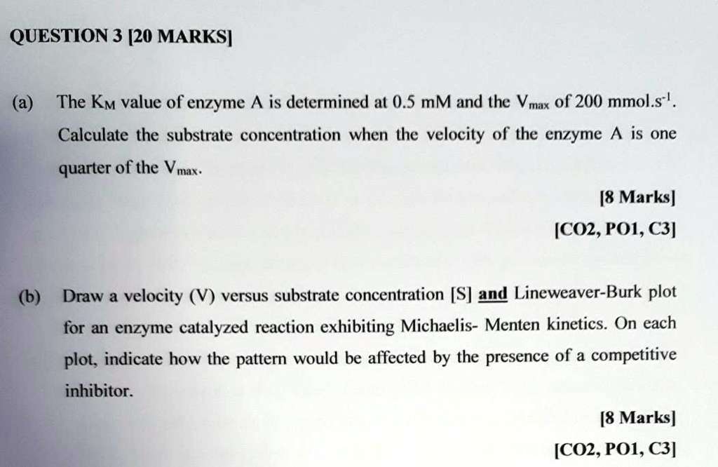 SOLVED QUESTION 3 [20 MARKS] a) The Km value of an enzyme is