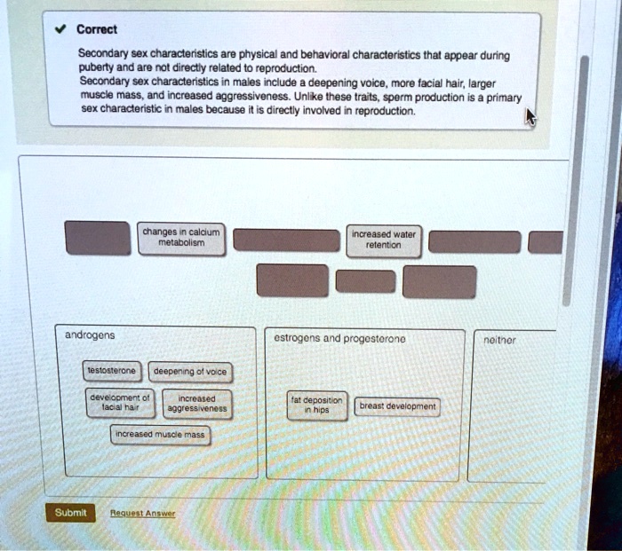 Correct
Secondary sex characteristics are physical and behavioral characteristics that appear during puberty and are not directly related to reproduction.
Secondary sex characteristics in males include a deepening voice, more facial hair, larger muscle mass, and increased aggressiveness. Unlike these traits, sperm production is a primary sex characteristic in males because it is directly involved in reproduction.
changes in calcium metabolism
increased water retention
androgens
testosterone
deepening of voice
development of facial hair
increased aggressiveness
increased muscle mass
estrogens and progesterone
fat deposition in hips
breast development
neither