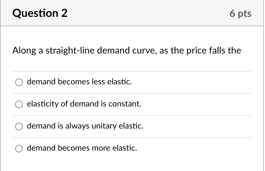 SOLVED Question 2 6 pts Along a straightline demand curve, as the
