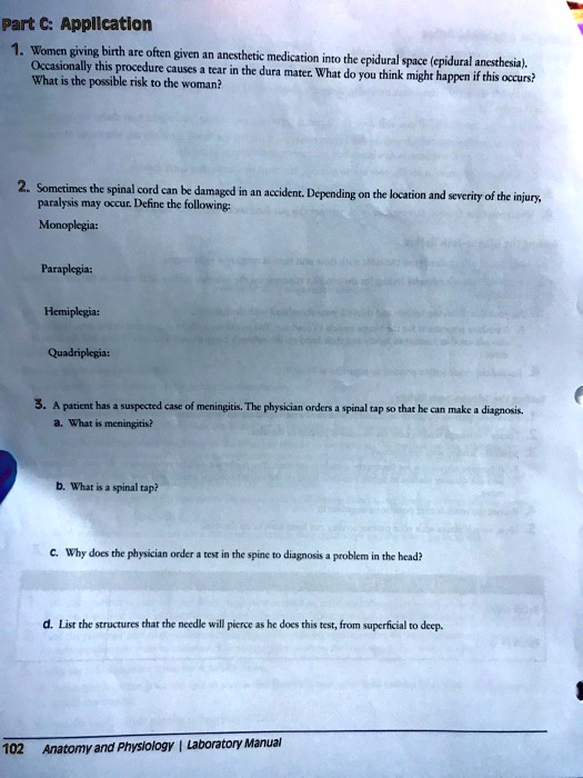 Part C: Application
1. Women giving birth are often given an anesthetic medication into the epidural space (epidural anesthesia).
Occasionally this procedure causes a tear in the dura mater. What do you think might happen if this occurs?
What is the possible risk to the woman?
2. Sometimes the spinal cord can be damaged in an accident. Depending on the location and severity of the injury,
paralysis may occur. Define the following:
Monoplegia:
Paraplegia:
Hemiplegia:
Quadriplegia:
3. A patient has a suspected case of meningitis. The physician orders a spinal tap so that he can make a diagnosis.
a. What is meningitis?
b. What is a spinal tap?
c. Why does the physician order a test in the spine to diagnosis a problem in the head?
d. List the structures that the needle will pierce as he does this test, from superficial to deep.