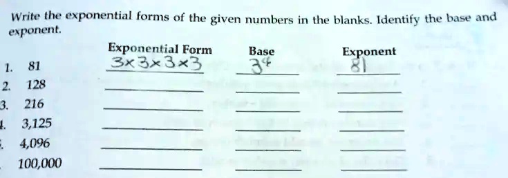 Write the exponential forms of the given numbers in the blanks ...