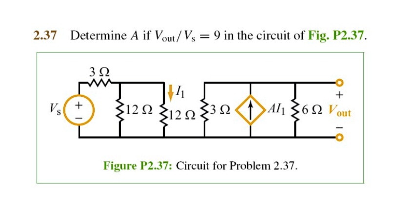 2.37 Determine A if Vout / Vs = 9 in the circuit of Fig. P2.37.

3 ?
12 ?
12 ?
3 ?
AI1
6 ?
+
Vout
-
Vs
I1

Figure P2.37: Circuit for Problem 2.37.