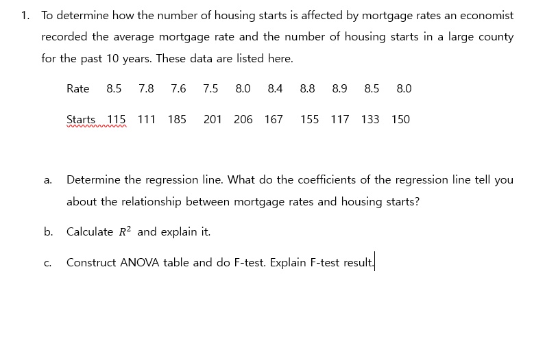 1. To determine how the number of housing starts is affected by mortgage rates an economist recorded the average mortgage rate and the number of housing starts in a large county for the past 10 years. These data are listed here.

Rate 8.5 7.8 7.6 7.5 8.0 8.4 8.8 8.9 8.5 8.0
Starts 115 111 185 201 206 167 155 117 133 150

a. Determine the regression line. What do the coefficients of the regression line tell you about the relationship between mortgage rates and housing starts?
b. Calculate R^2 and explain it.
c. Construct ANOVA table and do F-test. Explain F-test result.